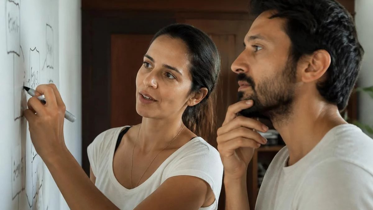 Duas participantes de pé diante do quadro branco, montando um argumento a caneta